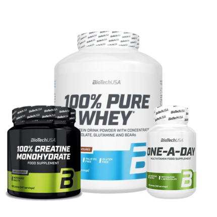 Pack musculation, 100% Pure Whey, Créatine Monohydrate, One A Day, BIOTECH USA, Gain musculaire, Protéine de lactosérum, Récupération musculaire, Suppléments de créatine, Multivitamines, Performance sportive, Force et puissance, Nutrition sportive, Compléments alimentaires, Croissance musculaire, Endurance, Soutien nutritionnel