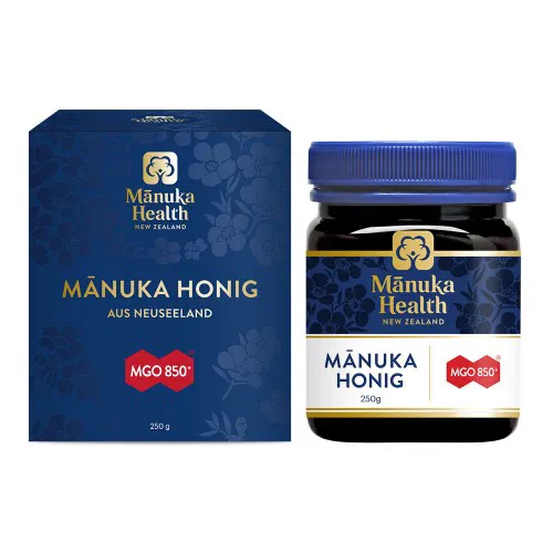 Manuka Health MGO 850+ Manuka Honey (250g/8.8oz)  Propriétés et Avantages : Propriétés Antibactériennes Puissantes : Le méthylglyoxal (MGO) est un composé antibactérien très efficace, capable de combattre un large éventail de bactéries pathogènes. Idéal pour soutenir la santé digestive et renforcer le système immunitaire. Soutien Digestif : Le miel de Manuka peut aider à apaiser les troubles digestifs légers, tels que les brûlures d'estomac, les ulcères gastriques ou le syndrome de l'intestin irritable (SII). Cicatrisation des Plaies : Utilisé traditionnellement pour favoriser la cicatrisation des plaies, des brûlures et des infections cutanées grâce à ses propriétés antibactériennes et anti-inflammatoires. Soutien Immunitaire : Riche en antioxydants, il aide à renforcer le système immunitaire et à protéger contre les infections. Santé de la Peau : Peut être appliqué directement sur la peau pour apaiser les irritations, l'acné, les coupures ou les infections cutanées légères. Utilisation Recommandée : Consommation Orale : Prendre 1 à 2 cuillères à café par jour directement ou mélangé à des boissons chaudes (éviter de chauffer à plus de 40°C pour préserver ses propriétés). Application Topique : Appliquer une petite quantité sur les zones affectées de la peau pour apaiser et favoriser la cicatrisation. Précautions : Ce produit est destiné aux adultes et enfants de plus de 1 an. Ne pas donner de miel aux nourrissons de moins de 1 an (risque de botulisme infantile). Les personnes allergiques aux produits apicoles doivent éviter ce produit. Conserver dans un endroit frais et sec, à l'abri de la lumière directe du soleil. Conclusion : Manuka Health MGO 850+ Manuka Honey (250g/8.8oz) est un miel de Manuka de qualité supérieure, offrant des propriétés antibactériennes, anti-inflammatoires et antioxydantes exceptionnelles. Idéal pour soutenir la santé digestive, renforcer le système immunitaire et favoriser la cicatrisation des plaies, ce produit est un choix excellent pour ceux qui cherchent à intégrer un superaliment naturel et bénéfique dans leur routine quotidienne.